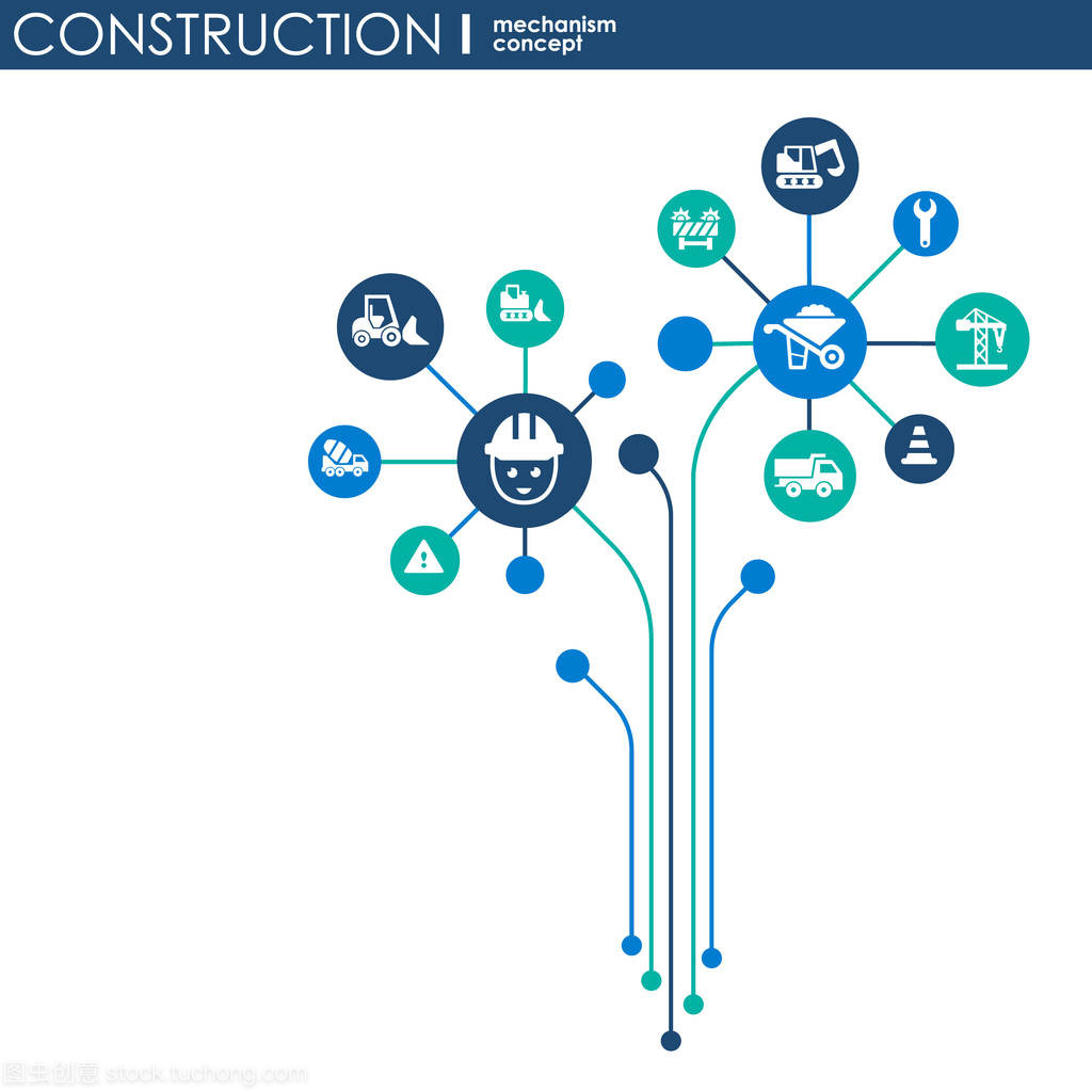 建設網絡。六角形抽象背景與線條、 多邊形和綜合平面圖標。連接符號生成、 工業、 建筑設計、 工程的概念。矢量